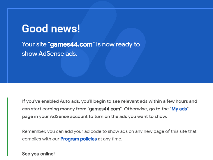 Approved adsense notification