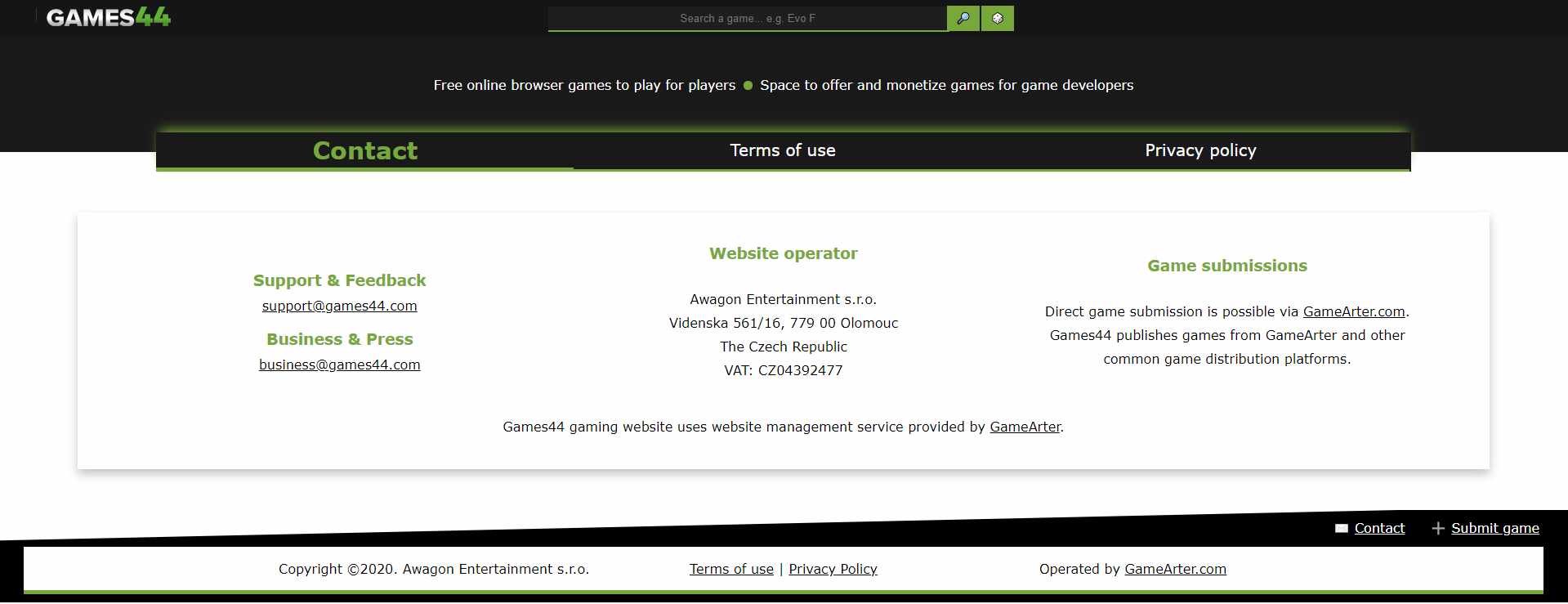 Contact page on Games44