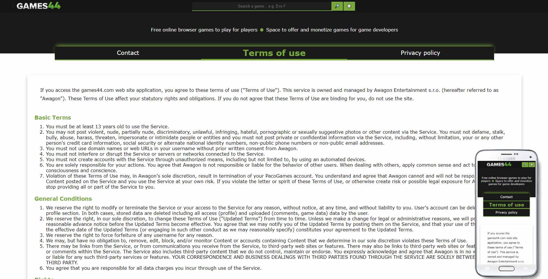 Terms and policies page on Games44